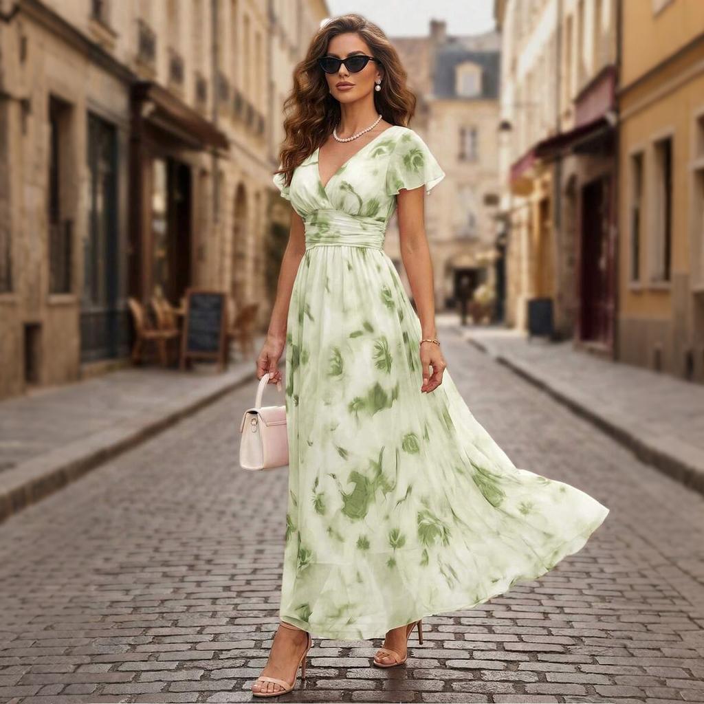 Women's V Neck Ruffle Sleeve Floral Print Waist Cinch Maxi Dress Lightweight Chiffon Elegant Vacation Dress