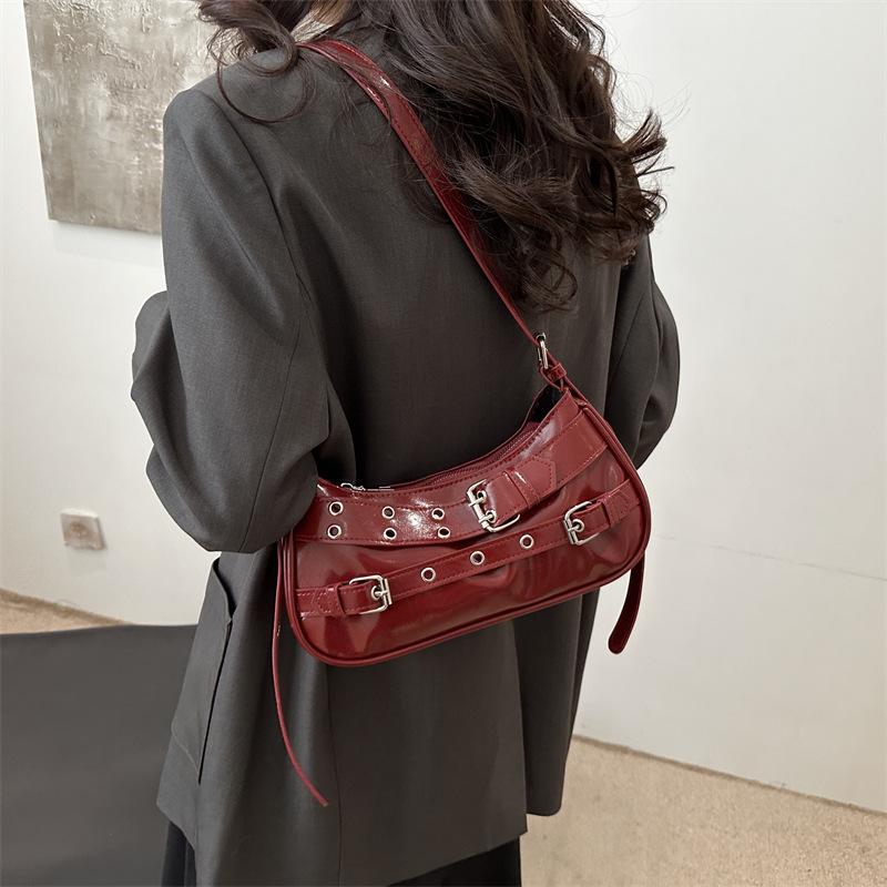 Y2k Retro Rivet Simple Women Shoulder Bag Solid Color Commuter Cool Hot Girls Pu Handbags Casual Ladies Underarm Crossbody Bags