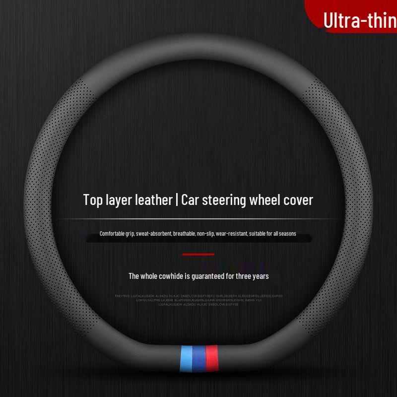 Universal Nappa Leather Steering Wheel Cover - Breathable, Perforated, Sweat-Absorbent, Four Seasons Protection.