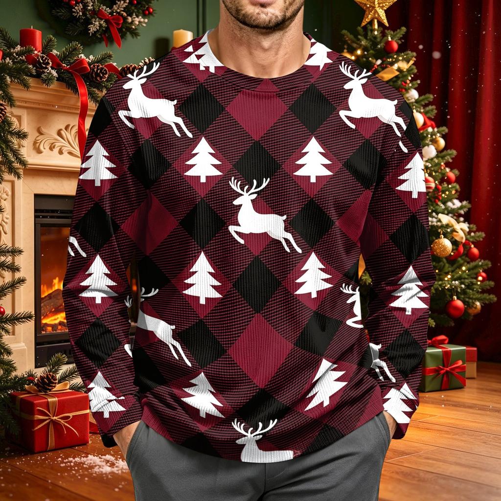 Men's Corduroy Long Sleeve Neck Shirt with Christmas Print Holiday Party Top