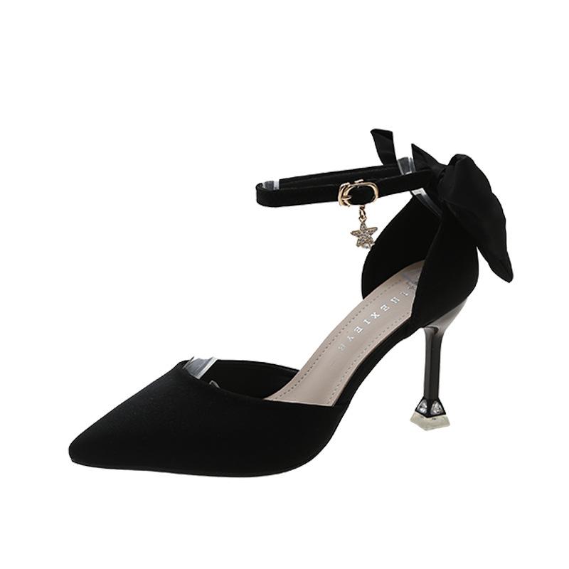 High heels women's spring new bow thin heel cut men's one-word buckle single shoes fairy style French pointed head