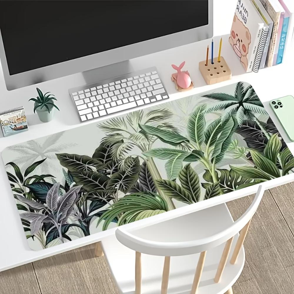 Tropical Plant Leaf Extended Desk Mat Non Slip Rubber Stitched Edge Large Mousepad For Laptop Pc Office Desktop Gaming Space