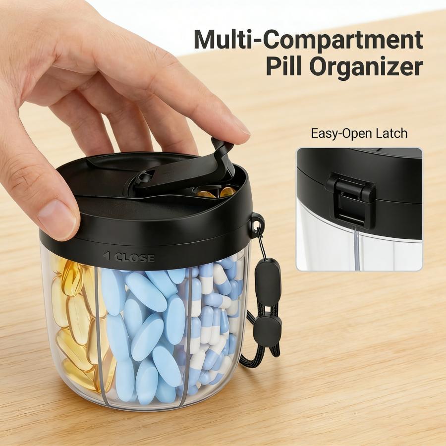 

1 PC Weekly/7-Compartment Pill Organizer, Travel Pill Case with Anti-Mix Design – Portable Supplement Container. чорний