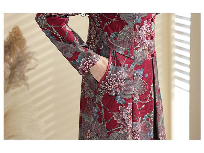 High-End Ethnic Print Long-Sleeve Cheongsam Dress - Women's Mid-Length Fashion for Autumn/Winter