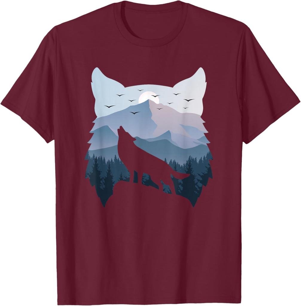 Wolf Howling Mountain Landscape Graphic Tee Men Women Casual Summer Breathable T-Shirt