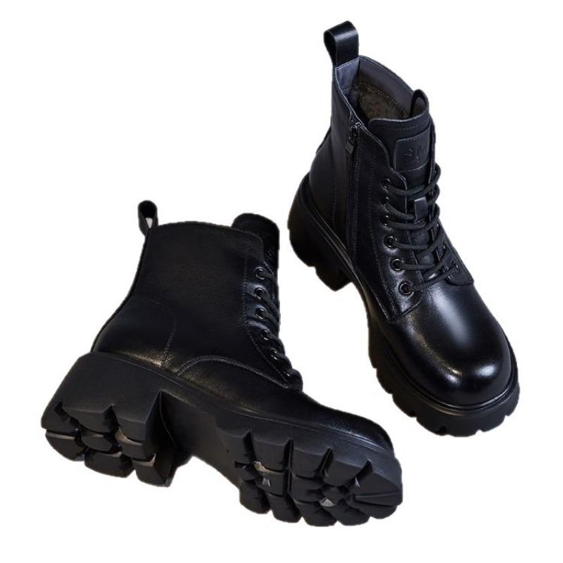 New Martin Boots Women's Shoes, Retro Soft Leather Single Boots, Thick-soled Height-increasing Boots with Fleece