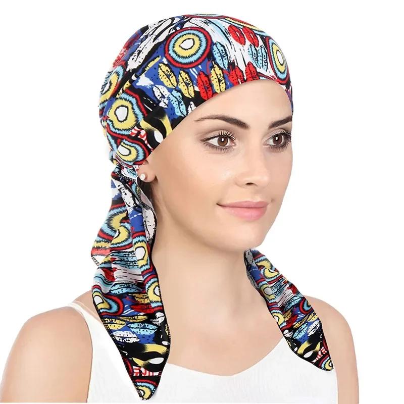 New Muslim Women Soft Turban Hat Headbands Pre-Tied Head Scarf Printed Ladiess Cotton Chemo Cap Inner Hijabs Hair Accessories