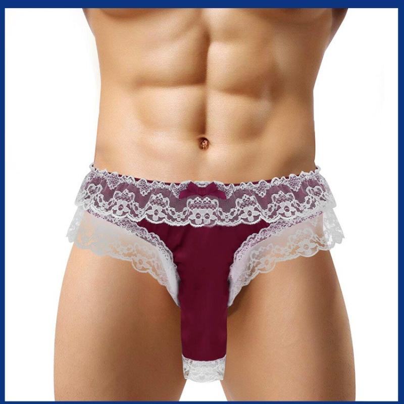 Mens Satin Panties Frilly Lace Trim Sissy Panties Sexy Open Elephant Nose Lingerie Crossdressers Underwear Maid Cosplay Briefs