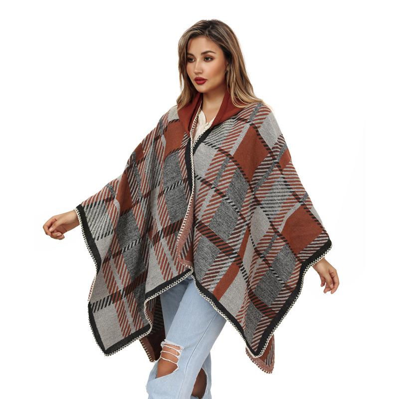 Acrylic Split Shawl Women'S Fashion Thickened Hat Cape Plaid Scarf