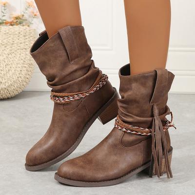 Mode Damen Piratenstiefel Plissee Quasten Mid-Calf Stiefel Damen Spitzschuh Blockabsatz Kurze Stiefel Neu Schlupfschuhe Übergröße Schuhe für Damen
