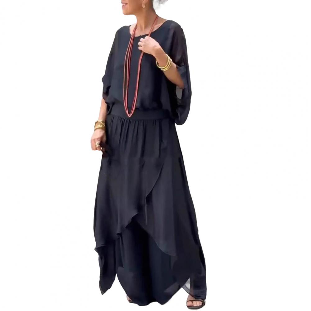 Women Chiffon Top Pants Set Spring Summer Casual Two Piece Crew Neck Top Wide Leg Pant Flowy Wedding Guest Outfit
