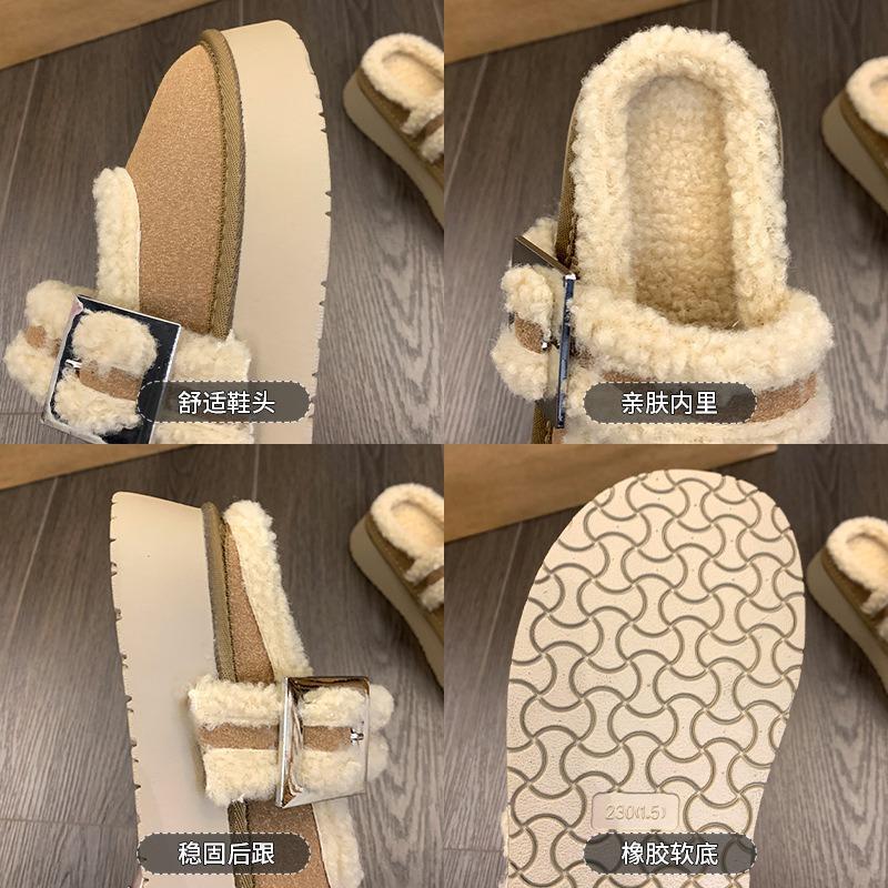 Fashion Thick Sole Warm Anti-skid Baotou Hairy Slippers Woman 2025 Winter Retro Belt Buckle Half Slippers Fashion Versatile Women Shoes