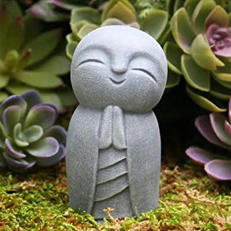 Resin Crafts Small Monk Statue Desktop Art Figurines Grey Little Jizo Buddha Sculpture For Outdoor Garden Decor Ornament