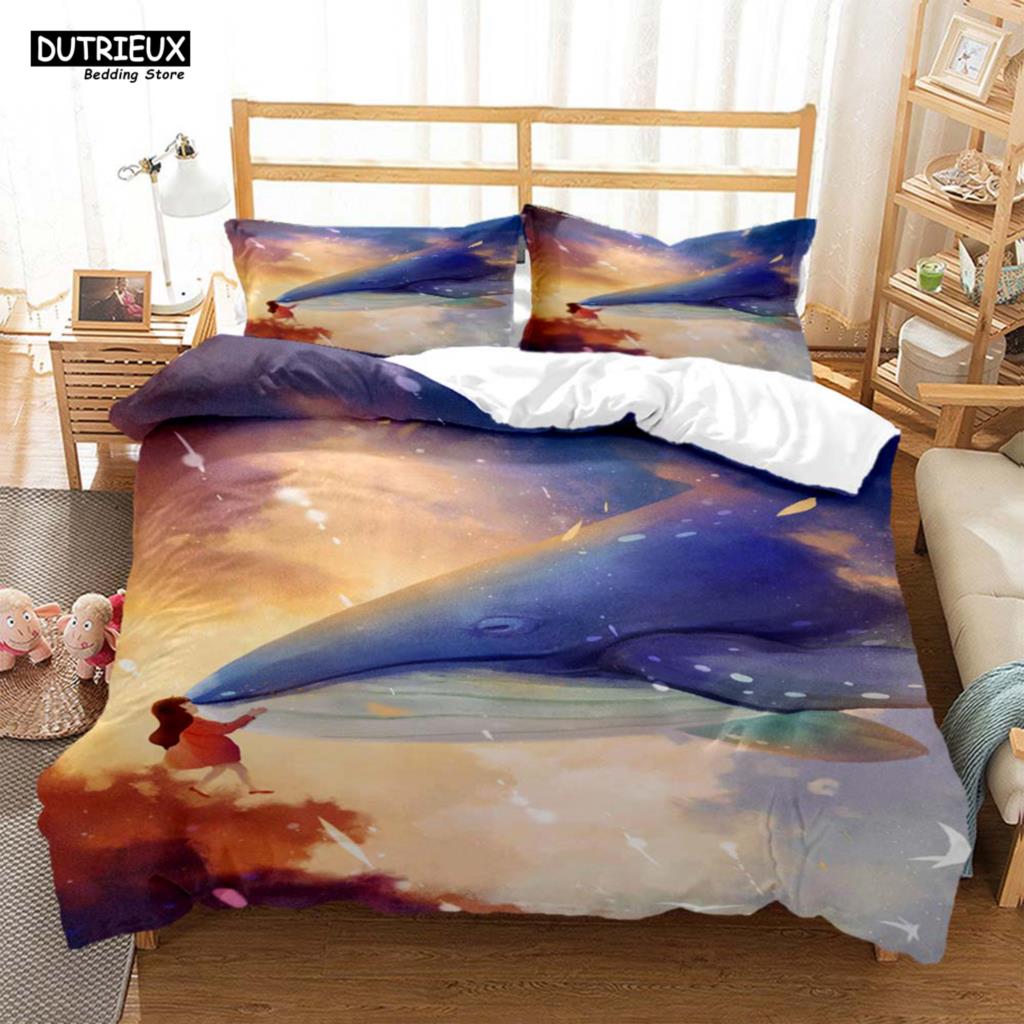 Whales And Girls Digital Print Polyester Bedding Sets Child Covers Duvet Cover Set For Teens Bedding Set Blue And Pink Covers