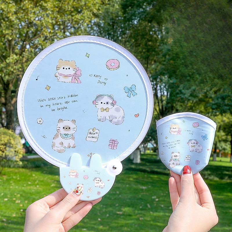 1PCS Cute Folding Fan with Reflective Board Cartoon Portable Fan Small Fan Student Mini Fabric Group Fan Folding Fan