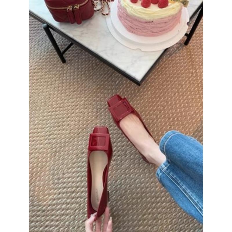 Cowhide Version Leather Square Buckle Shoes Commuter Thick Heel Square Head Shallow Mouth Temperament High Heels Women's Single Shoes