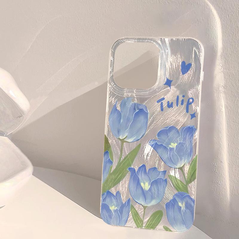 Blue Tulip Flower Phone Case for iPhone 17 16 15 14 13 Pro 12 11 Pro Max 17 Air XS X XR 7 8 Plus 16E Aesthetic Shockproof Cover