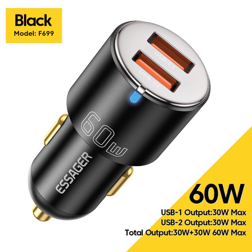 Essager 100W Car Charger Fast Charging Quick Charger QC PD 3.0 for IPhone 14 Type C USB Car Charger for Samsung Laptops Tablets