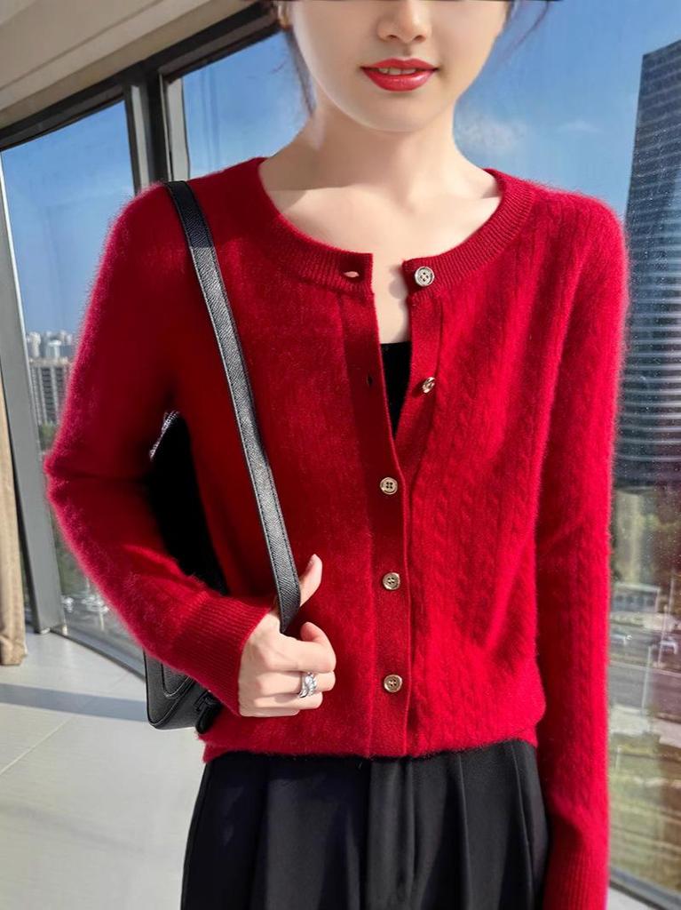 Retro Cable Knit Round Neck Cardigan - Women's Long Sleeve, Loose Fit, Short Sweater Coat for Autumn/Winter