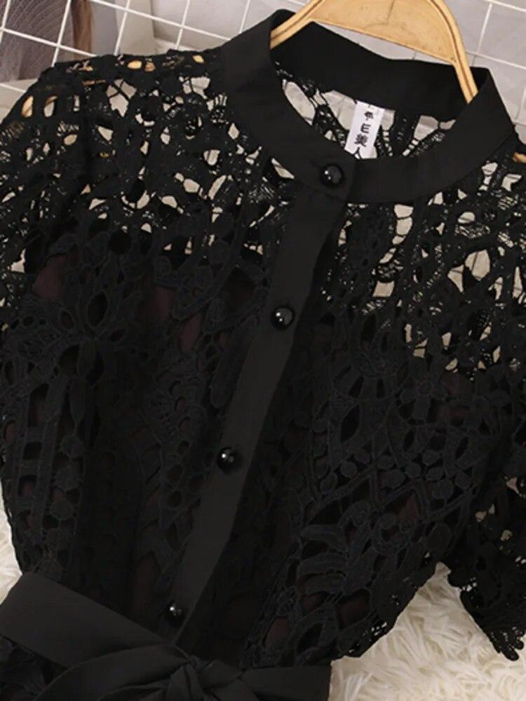 French Stylish Hollow Out Lace Dress Women Elegant Solid Open Stitch Lace-up Evening Dress 2026 New Tide Summer
