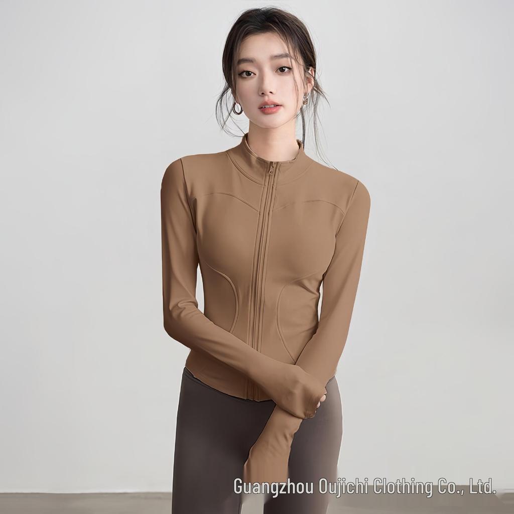 Women's Slim-Fit High Collar Yoga Jacket - Long Sleeve Knit Top for Outdoor Fitness