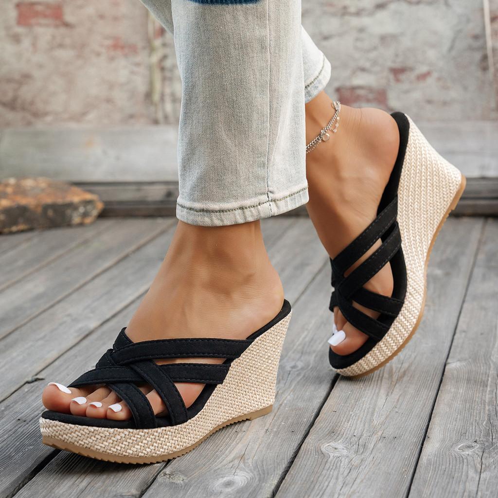 Style Woven Open Toe Slippers For Women With Thick Sole And Pu Upper