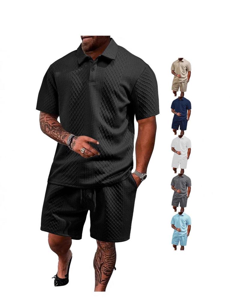 Men's Summer Jacquard Button-Down Polo Shirt & Shorts Set - Casual Sportswear Collection