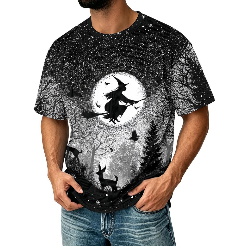 Men's Casual Corduroy Short Sleeve Lightweight Breathable Round Neck Shirt Halloween Print Design Suitable for Everyday Wear