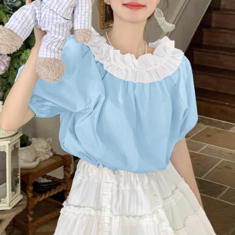 

VONDA Жіночі літні блузки з рюшами, круглим вирізом та рукавами-буфами 5XL синій