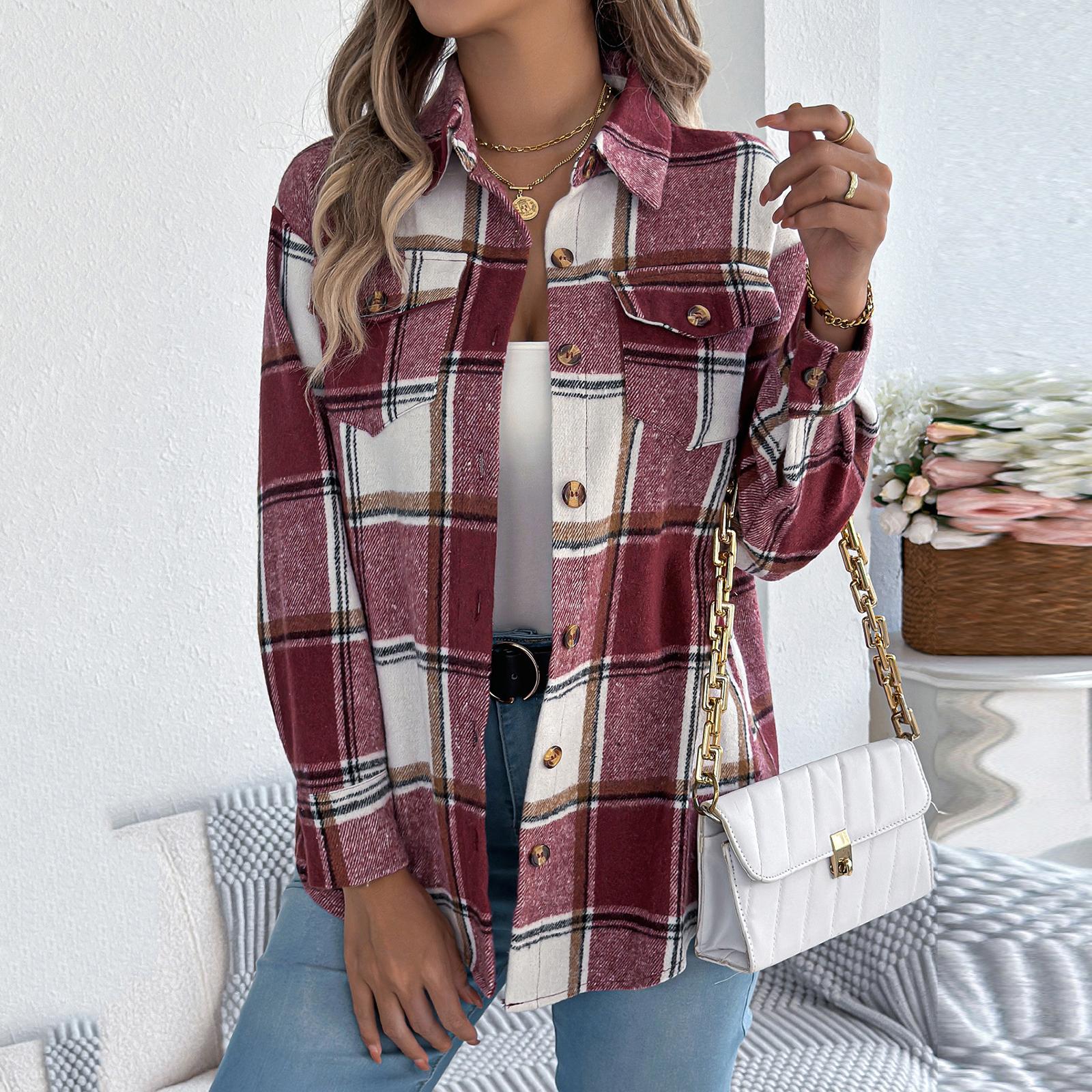 

Женское повседневное клетчатое шерстяное пальто средней длины с длинными рукавами и имитацией карманов S красный