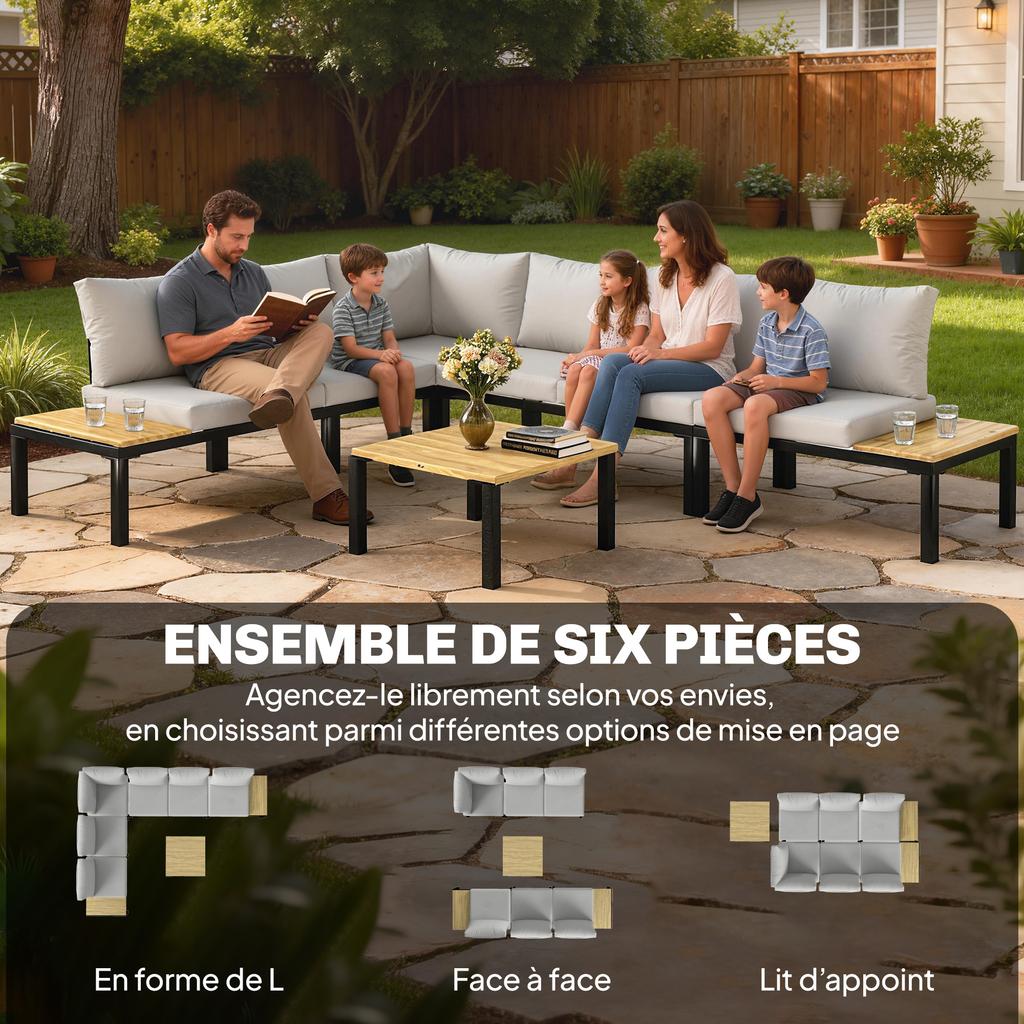 Modular Garden Furniture Set, 6-Piece, Sofa Converts to Bed, Coffee Table, Grey