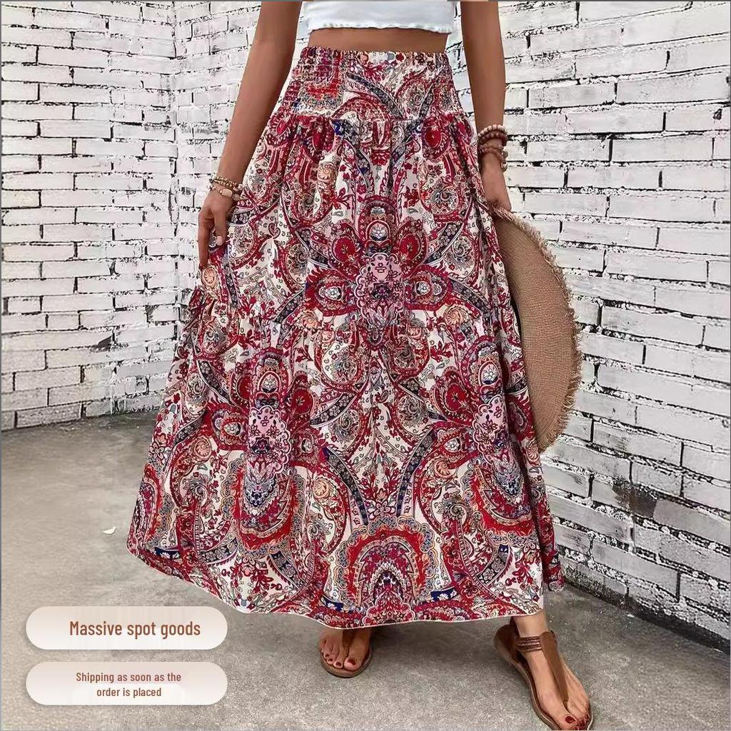 2025 Spring/Summer Women's Casual Midi Skirt - Comfortable Beach Print