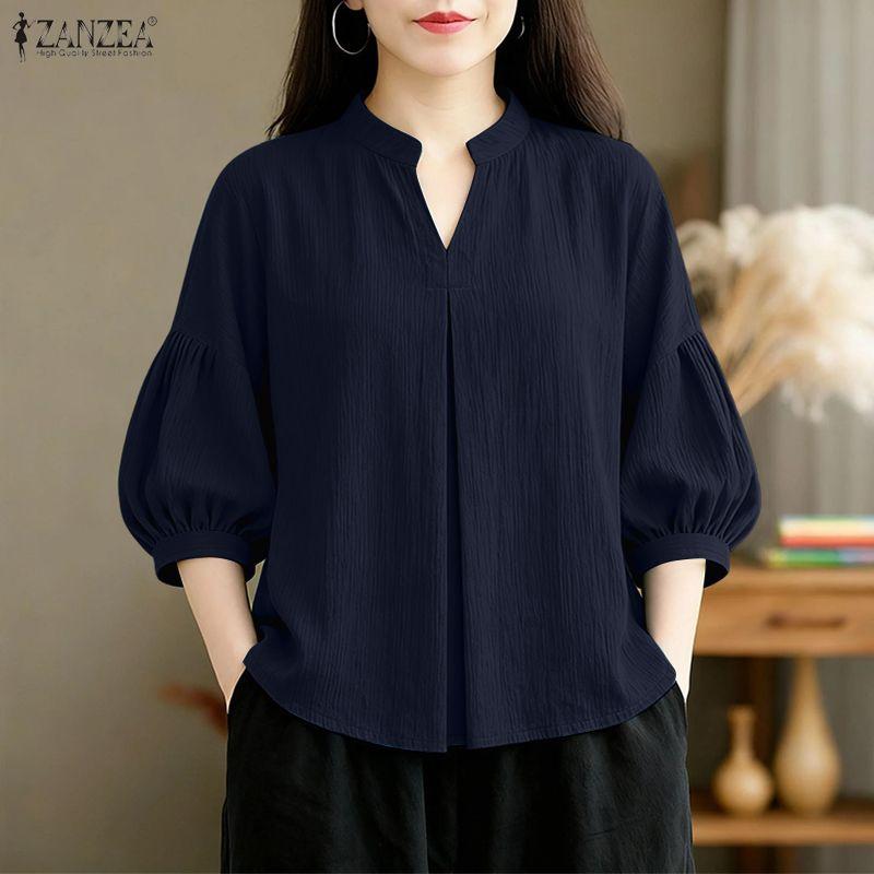 ZANZEA Women Casual V-Neck Solid Color 3/4 Sleeve Loose Blouse