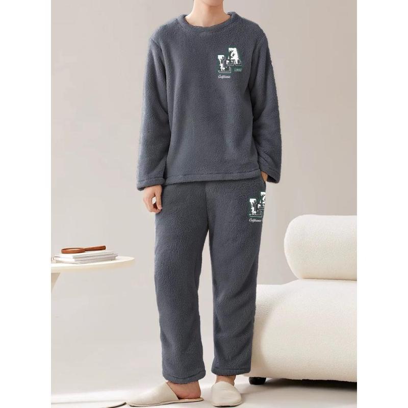 

Мягкий и эластичный мужской фланелевый домашний костюм (Топ + брюки), Отлично для расслабления после работы и семейного времени XXL серый