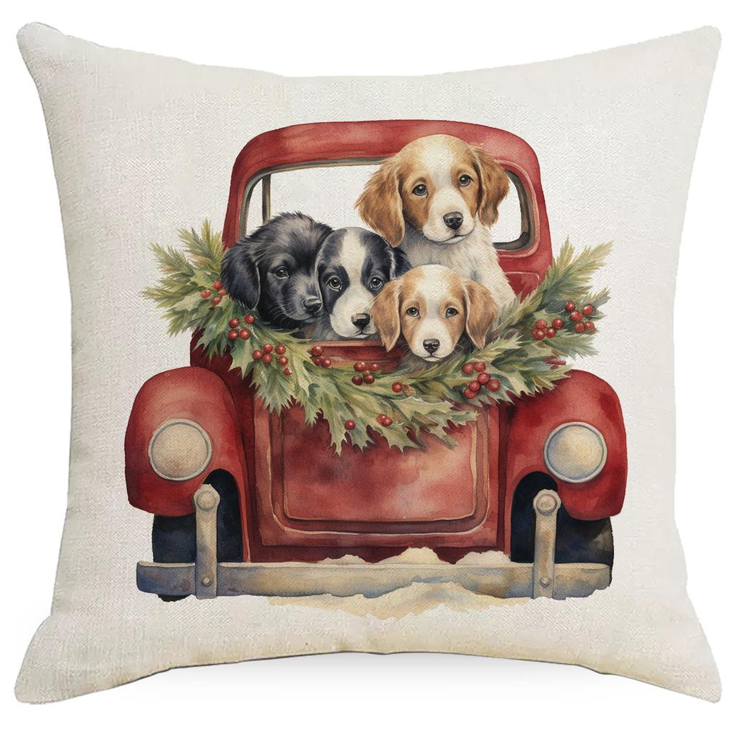 New Christmas Pillowcase Vintage Red Truck Cute Dog Christmas Tree Print Cushion Cover
