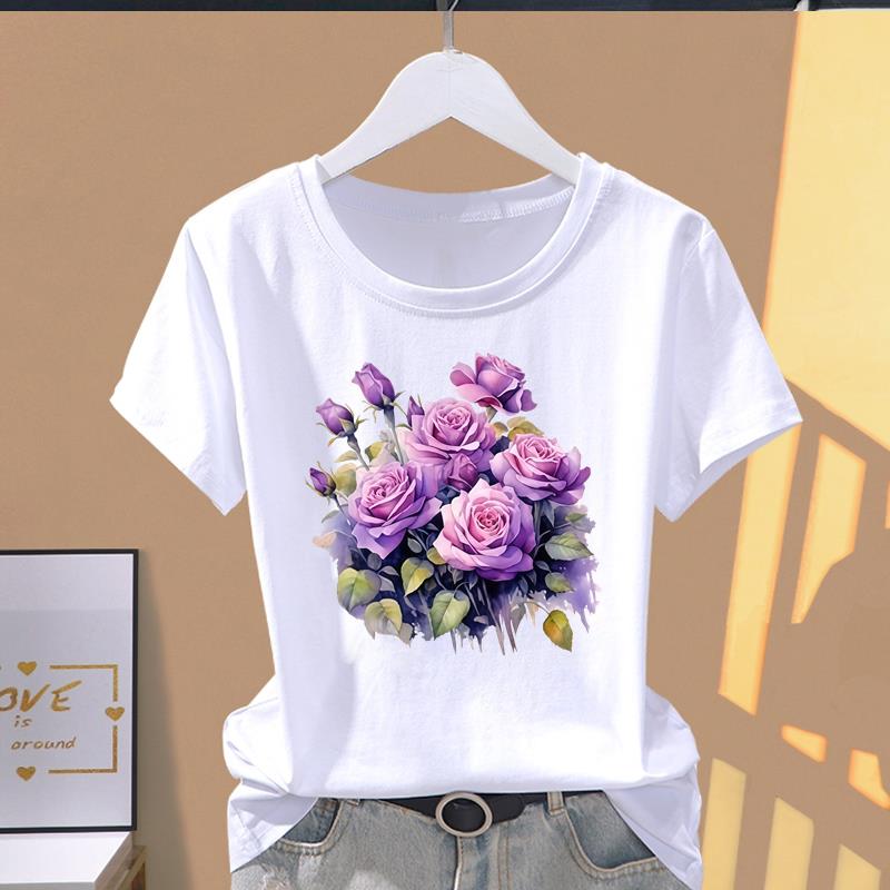 (Asian Size) lovely flower cute Print O-neck Short Sleeve T-shirts Fashion Female Casual Women's Top T Clothing Graphic Tee