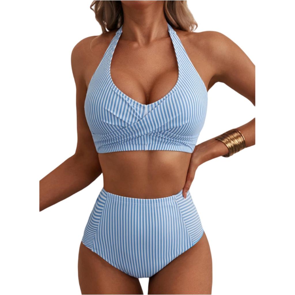 Women Neck High Waist Bikini Set Two Piece Swimsuit with Vertical Stripe Print and Ruched Top Design for Beachwear