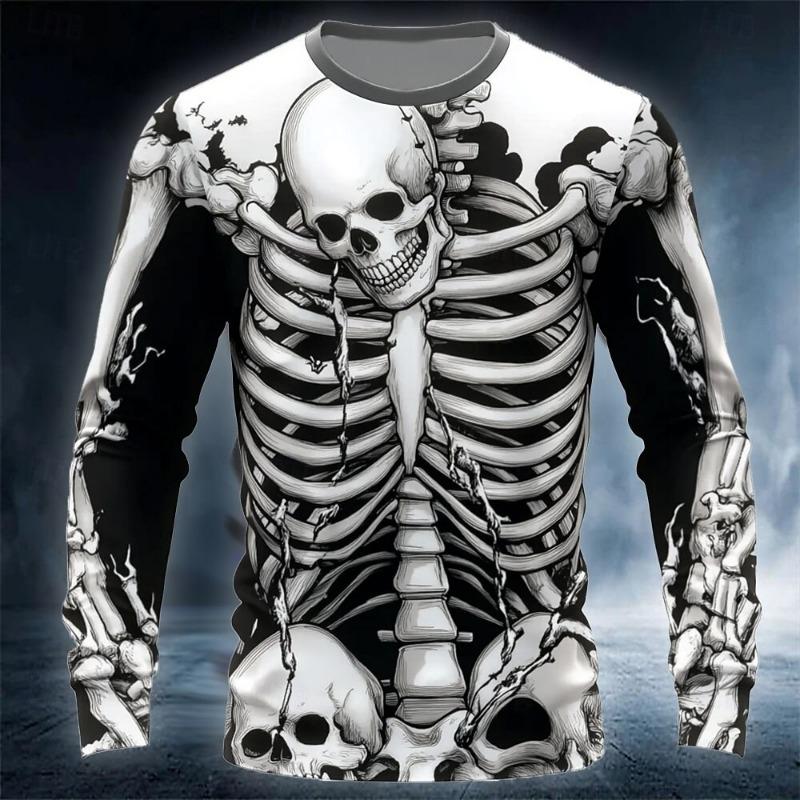 Skull Prints Long Sleeve T-Shirts for Men Gothic Trendy Streetwear Casual Tops Party Tee Clothing
