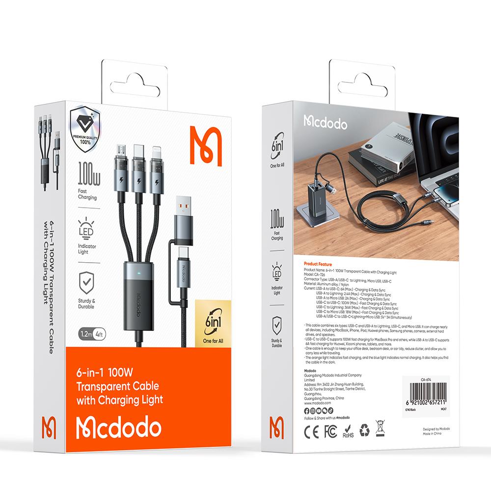 MCDODO CA-7260 1.2m USB A + USB C to USB C + Lightning + Micro Fast Charging Cable with Indicator Light