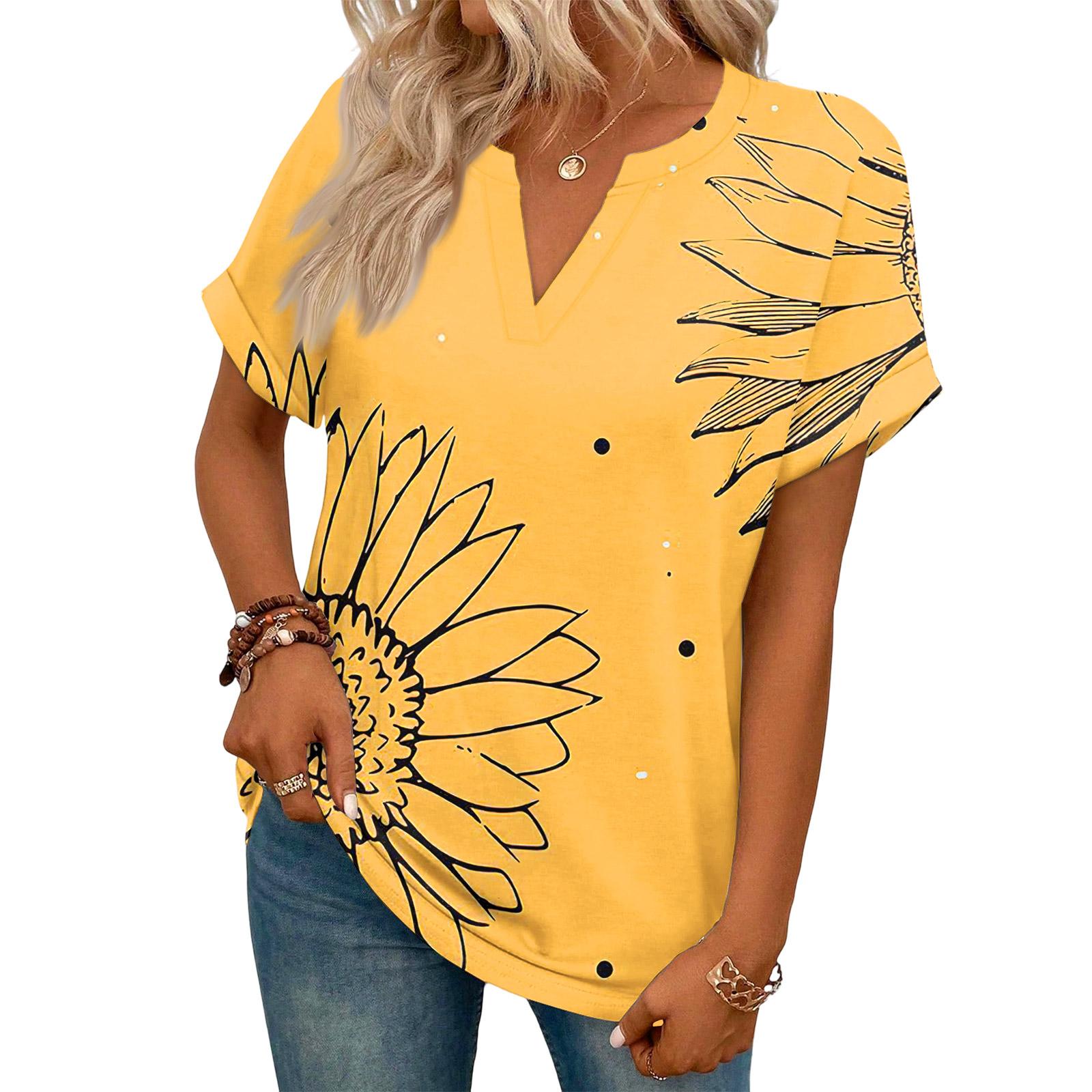 

Stylish Women s Casual V,neck Short,sleeved Retro Floral Print T,shirt M жовтий