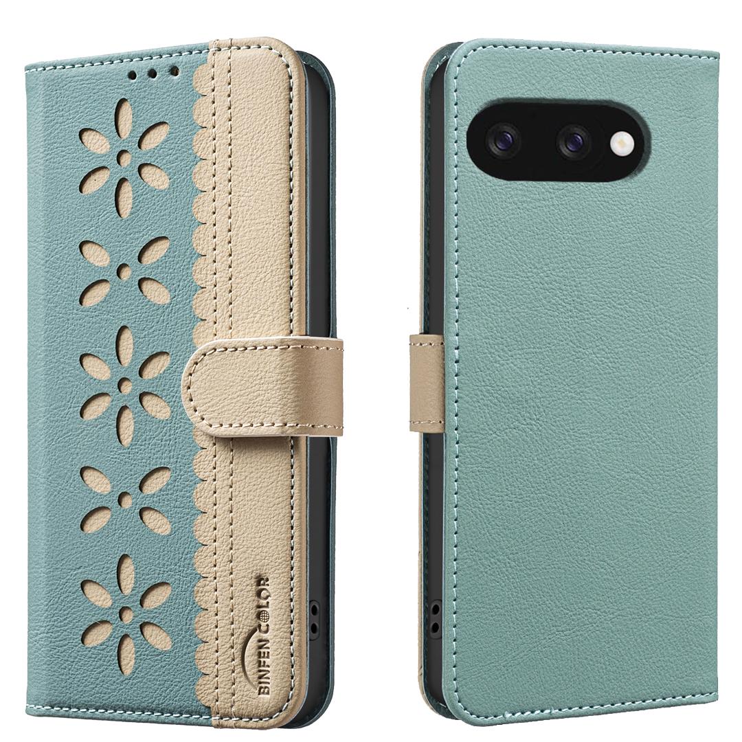 

For Google Pixel 9a Leather Case BINFEN COLOR BF36 Floral Pattern Phone Cover RFID Blocking Wallet Stand Green