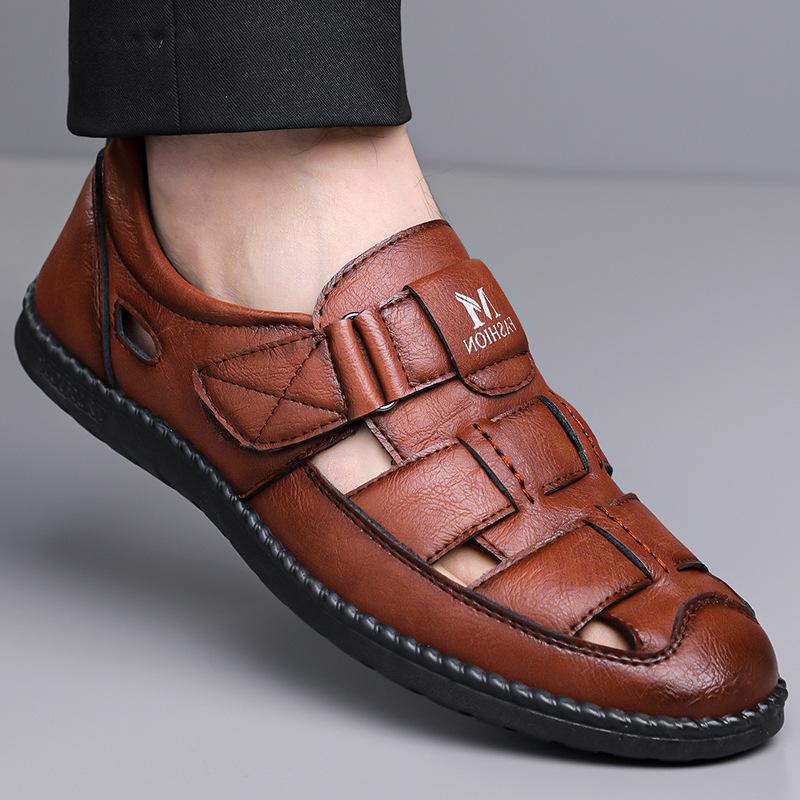 New leather sandals hollow men's hole shoes Velcro one-pedal dad shoes daily versatile casual shoes men