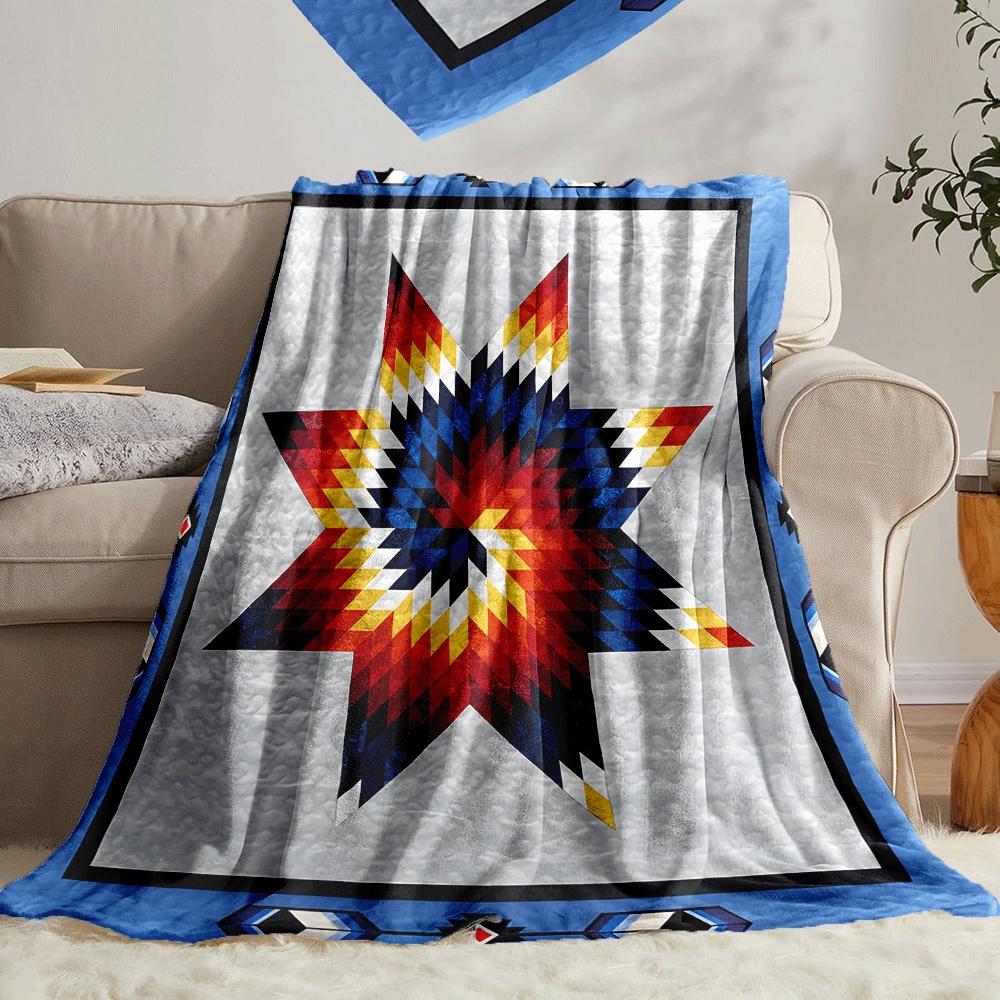1pc Native American Star Flannel Blanket, 2D Tribal Geometric Print Throw, All Season Soft Fleece Blanket for Bedroom, Living Ro