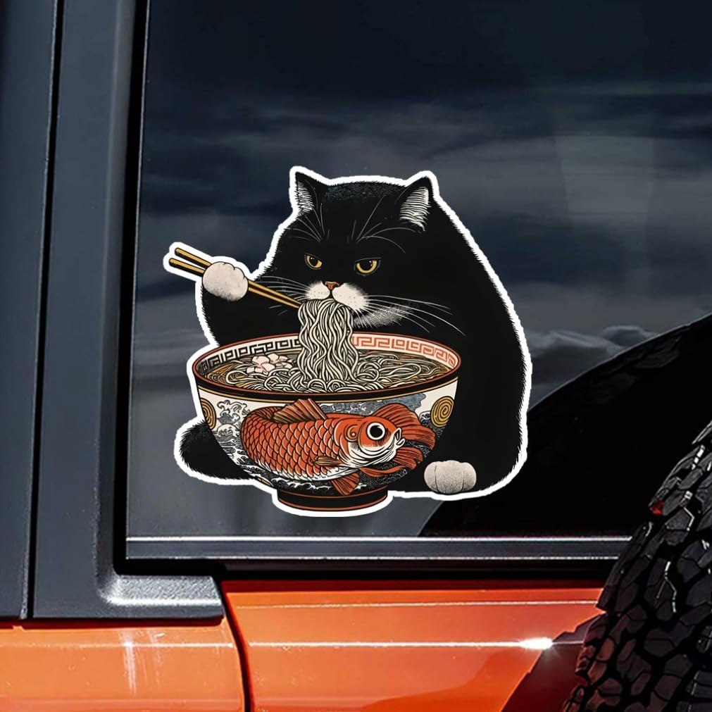 2 Pieces 13x12cm Black Cat Eating Ramen Funny Waterproof Vinyl Car Decal Exterior Decor