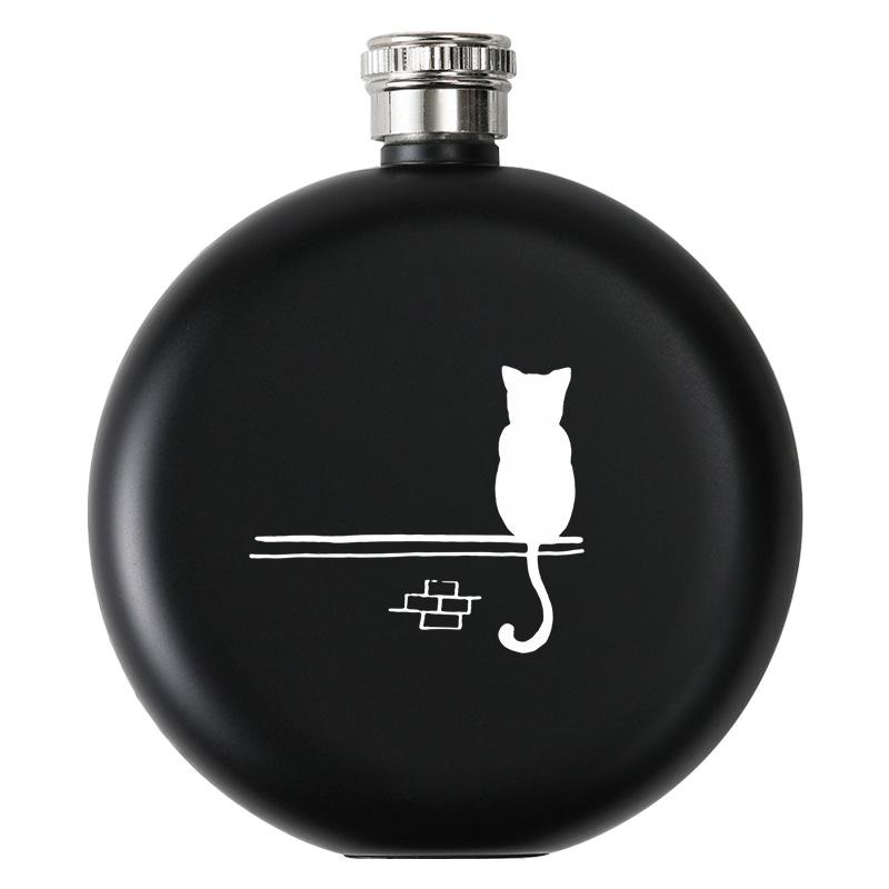 Black Stainless Steel Hip Flask Portable 5oz Round Wine Pot Laser Print Business Gift