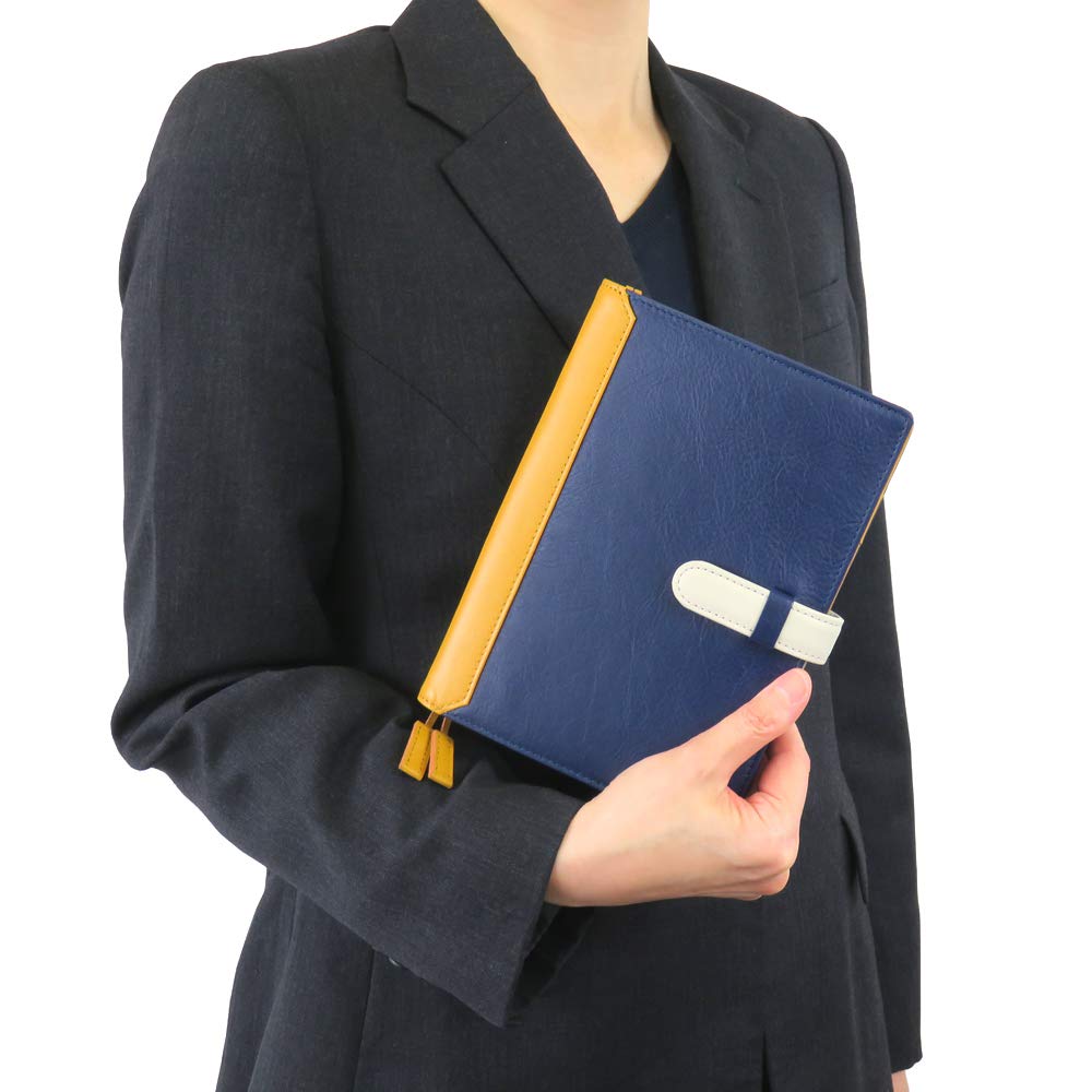 B6 Size Genuine Leather Notebook Cover with X Mustard (Ceal Al) Strap, Two-Tone CLuaR-TC (05.Navy Yellow)