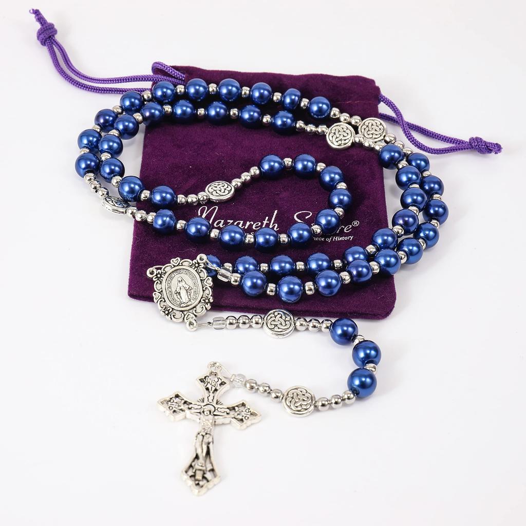 Nazareth Store Blue Pearl Beads Rosary Catholic Necklace Miraculous Medal Cross Silver Tone Rosary in Velvet Bag, 2XL, No Glass, No Gemstones