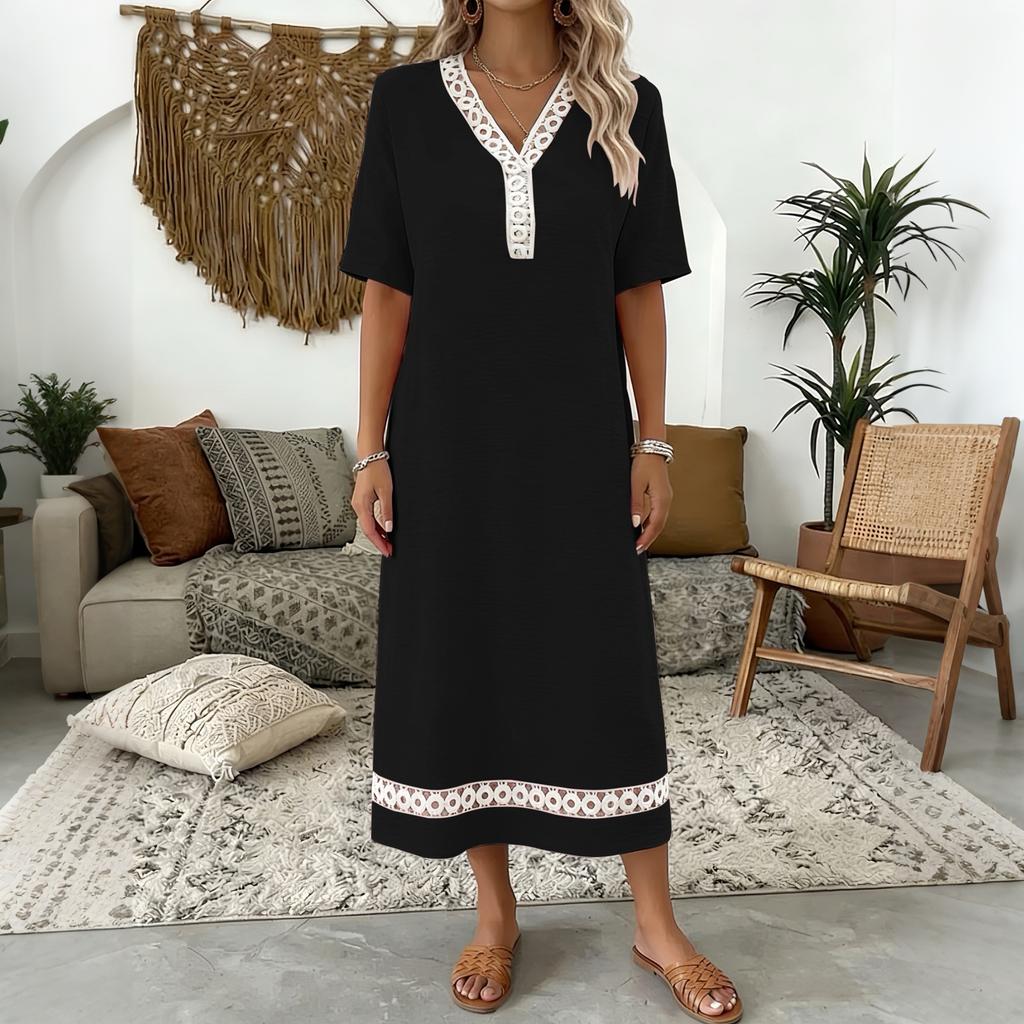 Women's Elegant Lace Trim Short Sleeve Midi Dress V Neckline Lightweight Summer Casual Dress for Daily Wear