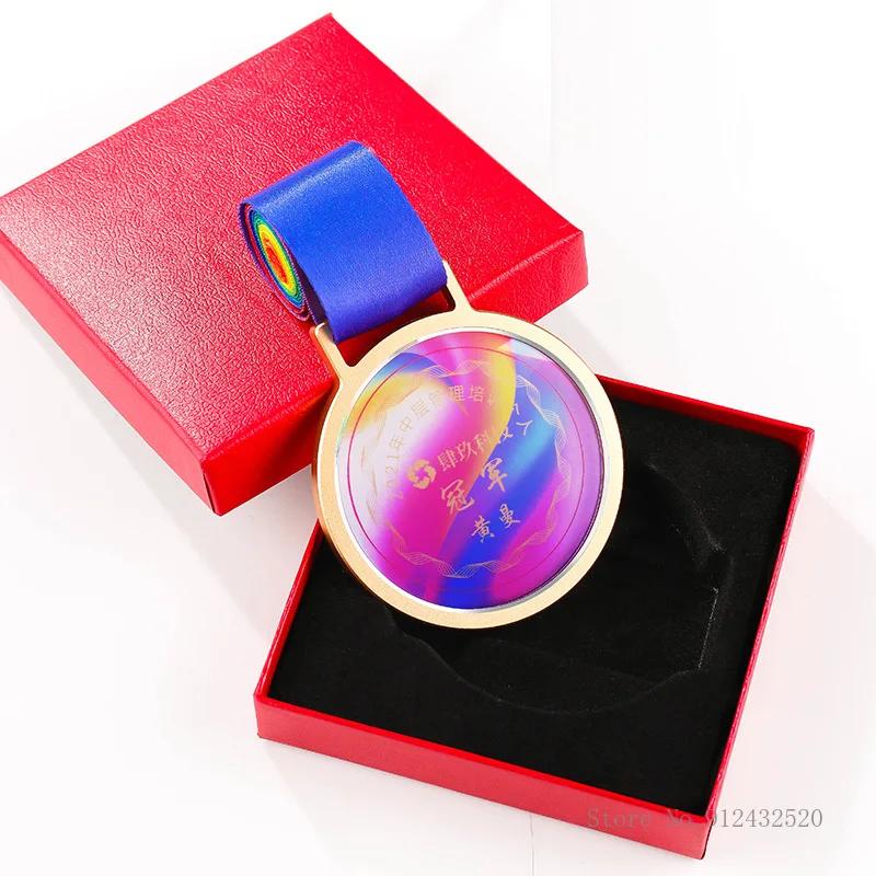 Custom Color Printing Transparent Medal, Gold, Silver, Bronze, Sports Awards, Marathon Red Box Packaging, Crystal Lettering, 1Pc