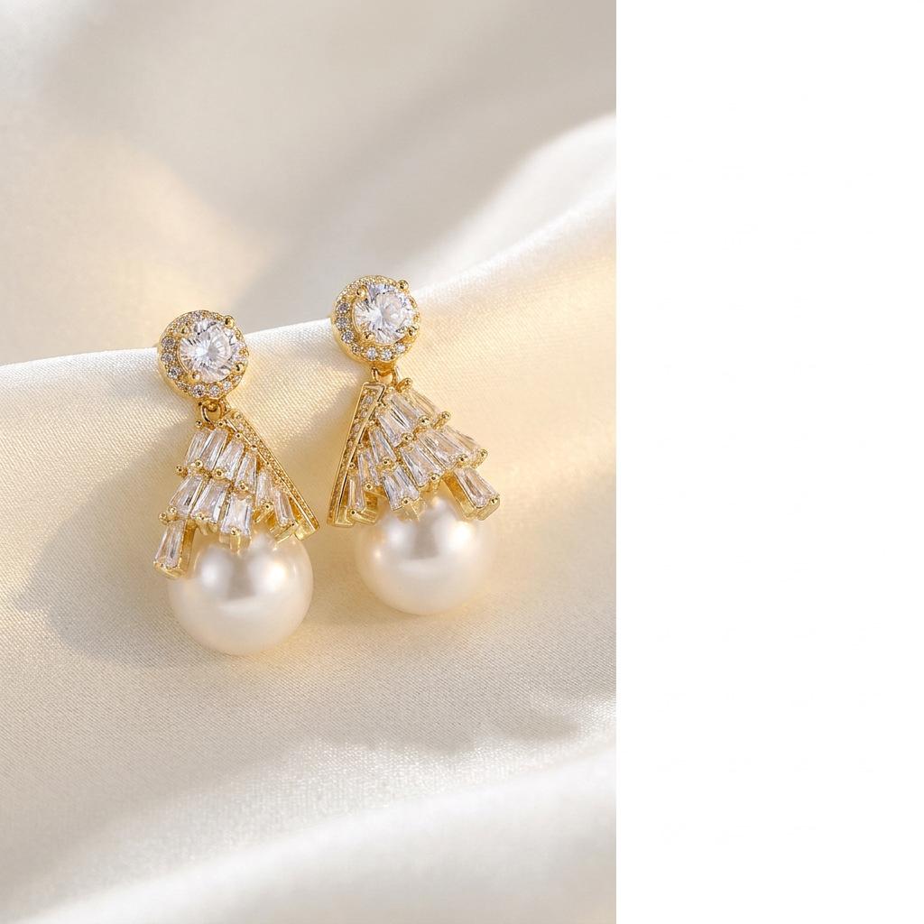 Super flash imitation diamond pearl skirt stud earrings for women's unique and beautiful temperament earrings 1011 new popular great-looking earrings